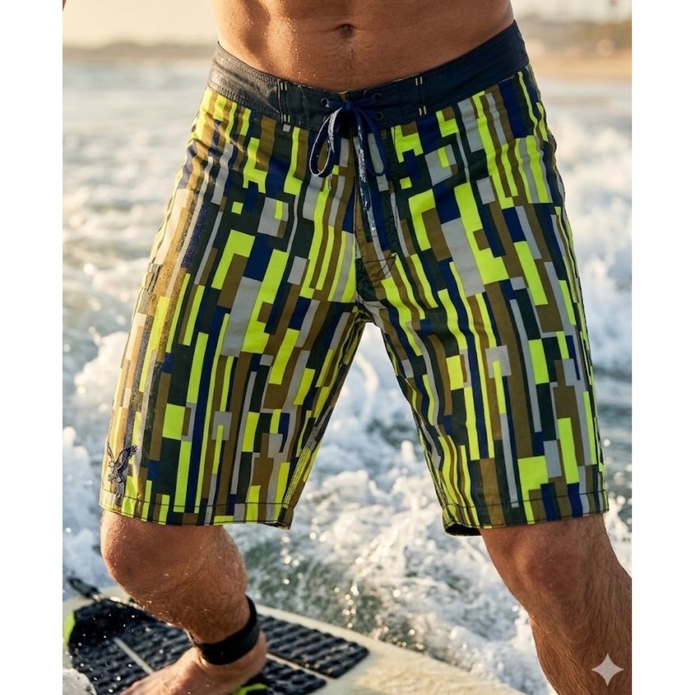 American Eagle Mens 30 Board Shorts Geometric Lime Green Navy Lace Up Quick Dry